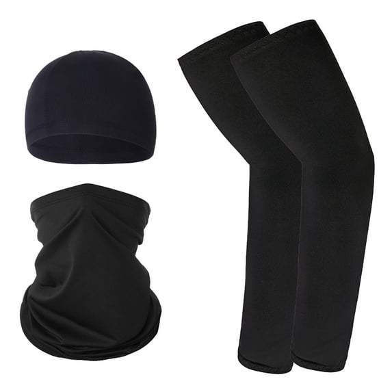 3 in 1 Ice Silk Sun Protection Set, Cooling Skull Cap Neck Gaiter Face Mask and UV Protection Arm Sleeves Combo for Cycling Motorcycle Running Outdoor Sports Black