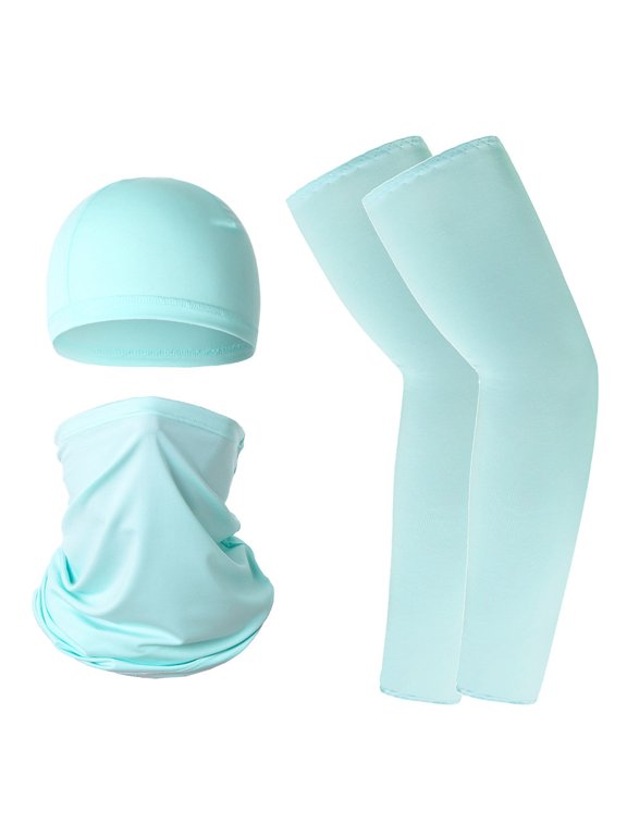 3 in 1 Ice Silk Sun Protection Set, Cooling Skull Cap Neck Gaiter Face Mask and UV Protection Arm Sleeves Combo for Cycling Motorcycle Running Outdoor Sports Blue