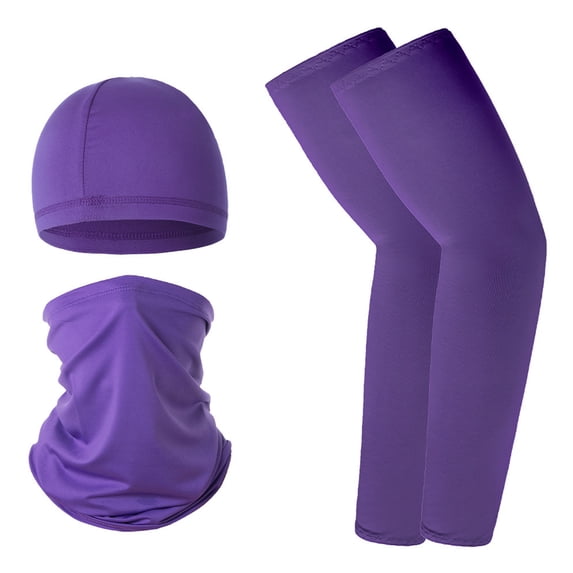 3 in 1 Ice Silk Sun Protection Set, Cooling Skull Cap Neck Gaiter Face Mask and UV Protection Arm Sleeves Combo for Cycling Motorcycle Running Outdoor Sports Purple