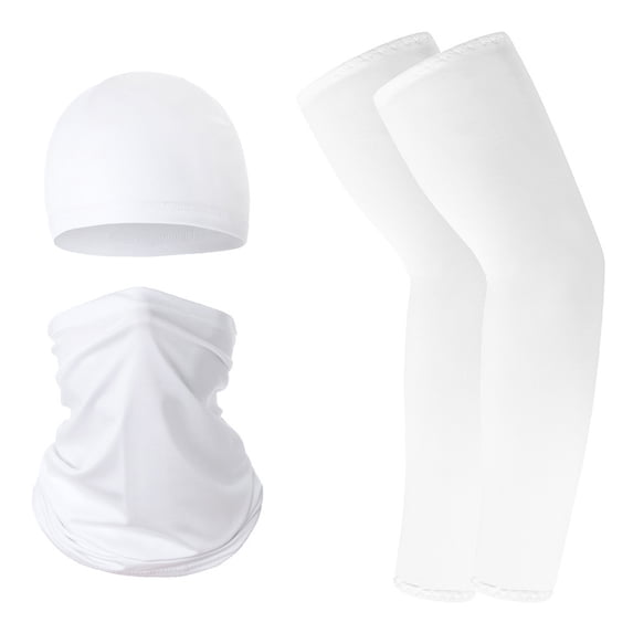 3 in 1 Ice Silk Sun Protection Set, Cooling Skull Cap Neck Gaiter Face Mask and UV Protection Arm Sleeves Combo for Cycling Motorcycle Running Outdoor Sports White