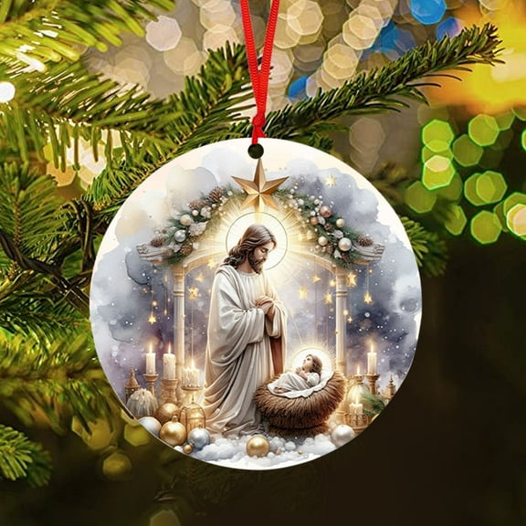 ​3.1 Inch Hand-Carved Wood Nativity Ornament - Religious Christmas Tree Decor with Easy Hang Loop​​ Multicolor