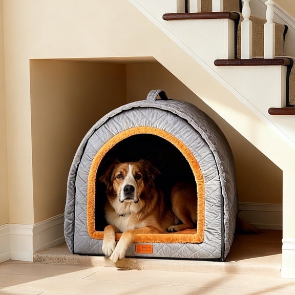 2 in 1 Large Indoor Dog House Bed with Cover Cave, Insulated Warm Cave Bed for Large Size Dogs, Covered Cozy Pet Nest Kennel, Washable Cover, Grey Quilted