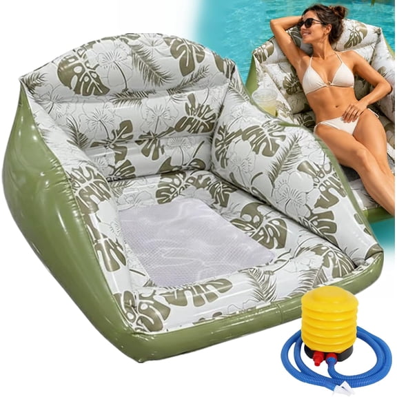 3 in 1 Inflatable Pool Lounge Chair Float for Adults, U-Shaped PVC Water Sofa Float with Headrest & Cup Holder, Heavy Duty Tropical Print Pool Raft for Beach Lake Summer Pool Party