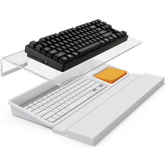 3 in 1 Keyboard Stand w/Wrist Rest and Storage Tray - Klearlook [Ultra Comfortable] PU Leather Wrist Pad & Acrylic Keyboard Riser, 16.9x7.3 inch Tilt Adjustable Computer Keyboard Stand Holder-White