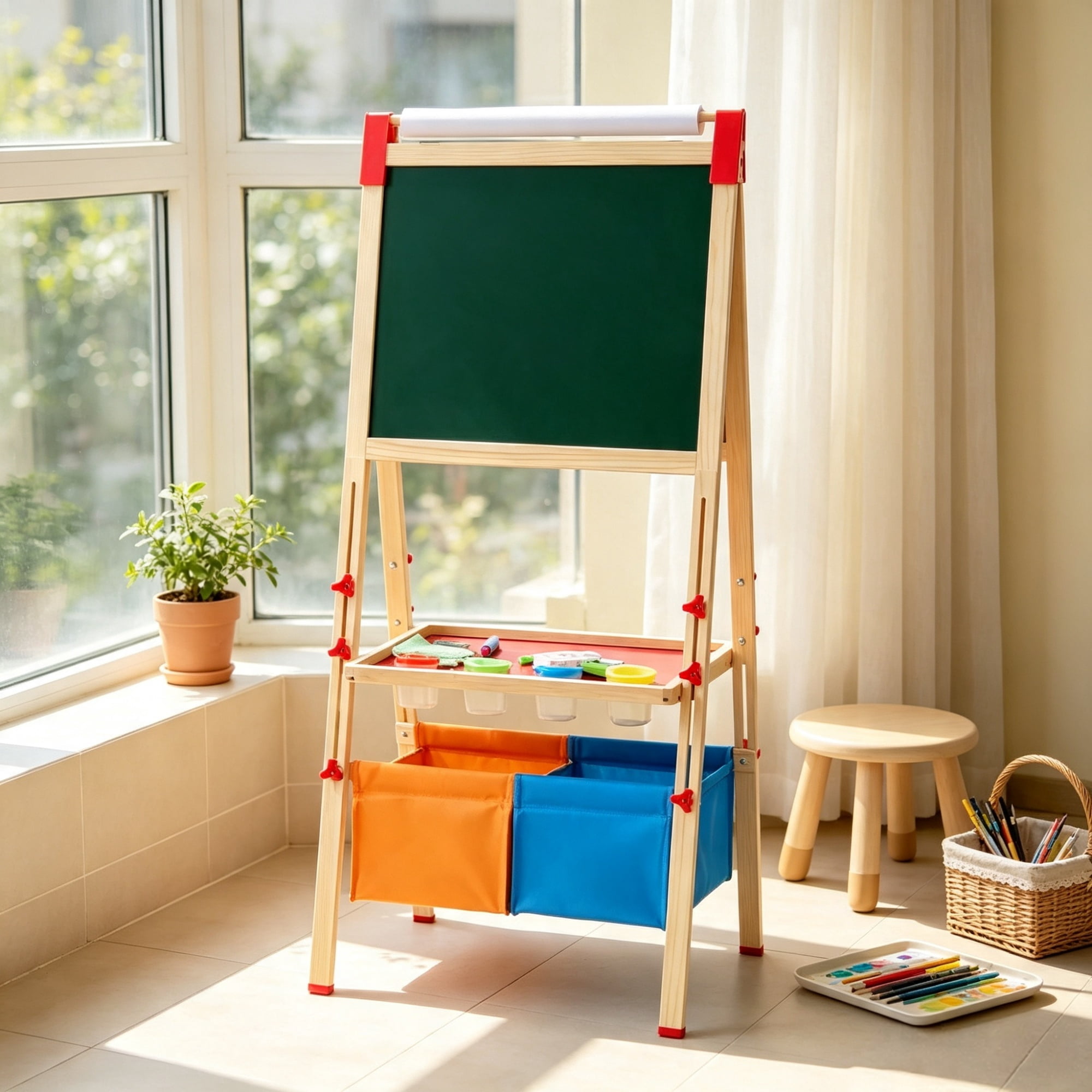 3 in 1 Kids Art Easel, Wooden Double-Sided Magnetic Whiteboard & Chalkboard with Paper Roll, Adjustable Standing Drawing Board with Painting Accessories, for Boys Girls