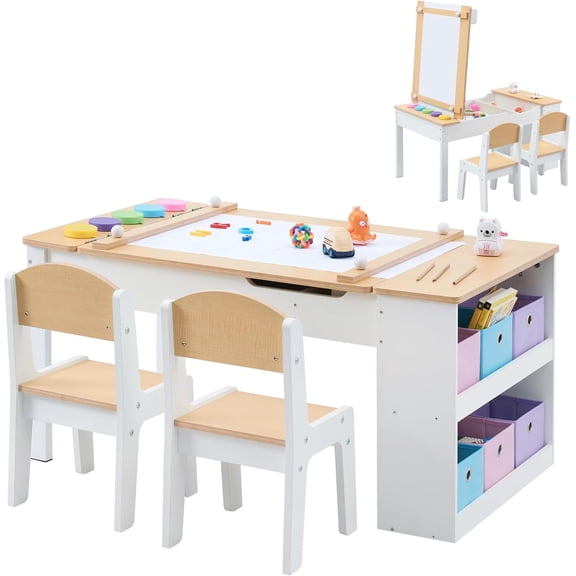 3 in 1 Kids Art Table & Easel Set with 2 Chairs, Wooden Children Activity Table and Chair Set with 6 Storage Bins, Paper Roller, Paint Cups for Draw, Write, Play, Arts & Crafts (Natural & White)