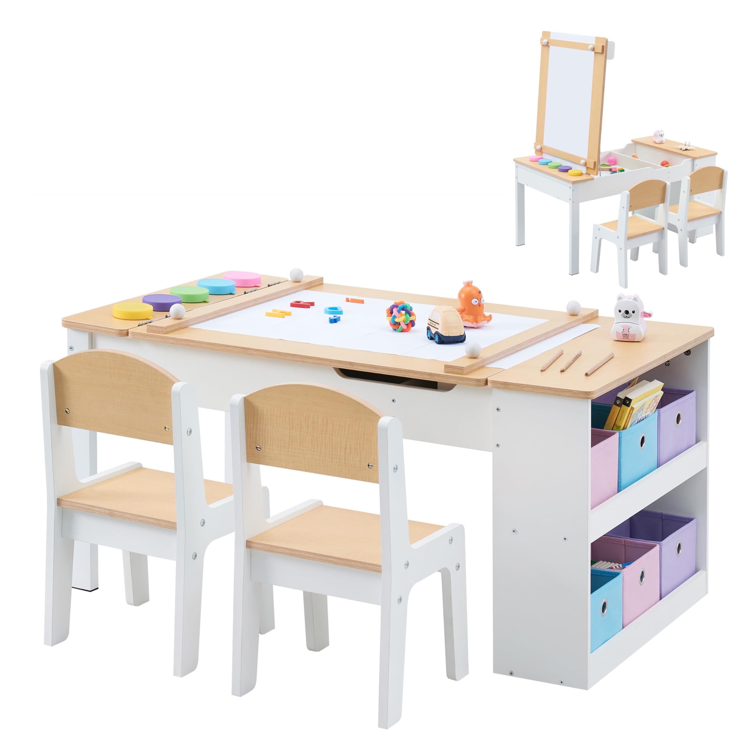 3 in 1 Kids Art Table and Easel Set, Wooden Activity Table with 2 ...