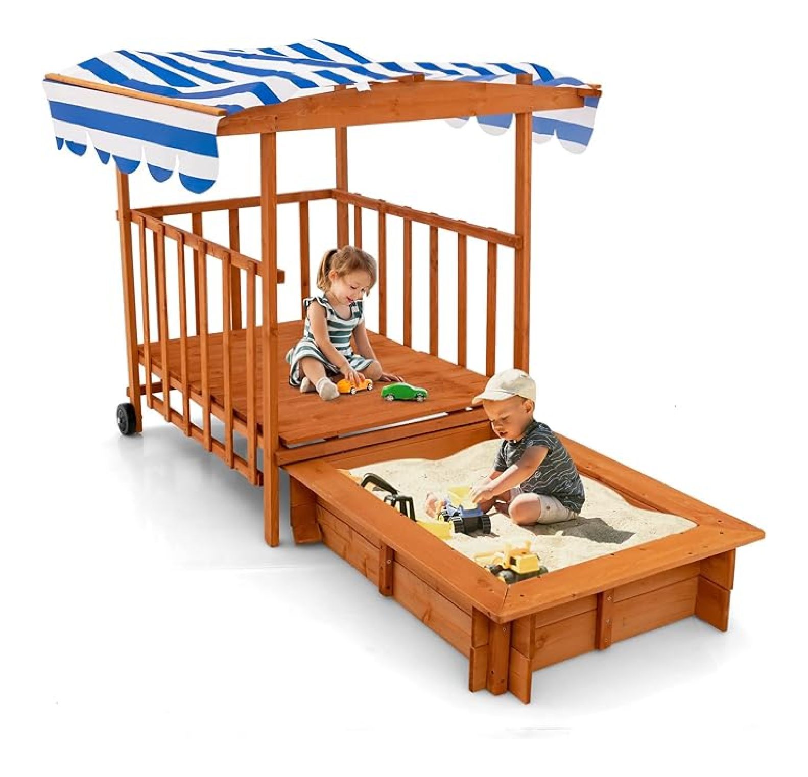 3 in 1 Kids Sandbox with Canopy and Cover Rear Wheels Guardrails ...
