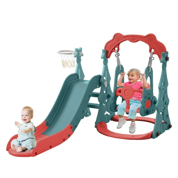 3 in 1 Kids Slide and Swing Set for Indoor and Outdoor, Freestanding Slide for Toddler Playground Slipping Slide Climber Toy Playset with Basketball Hoop