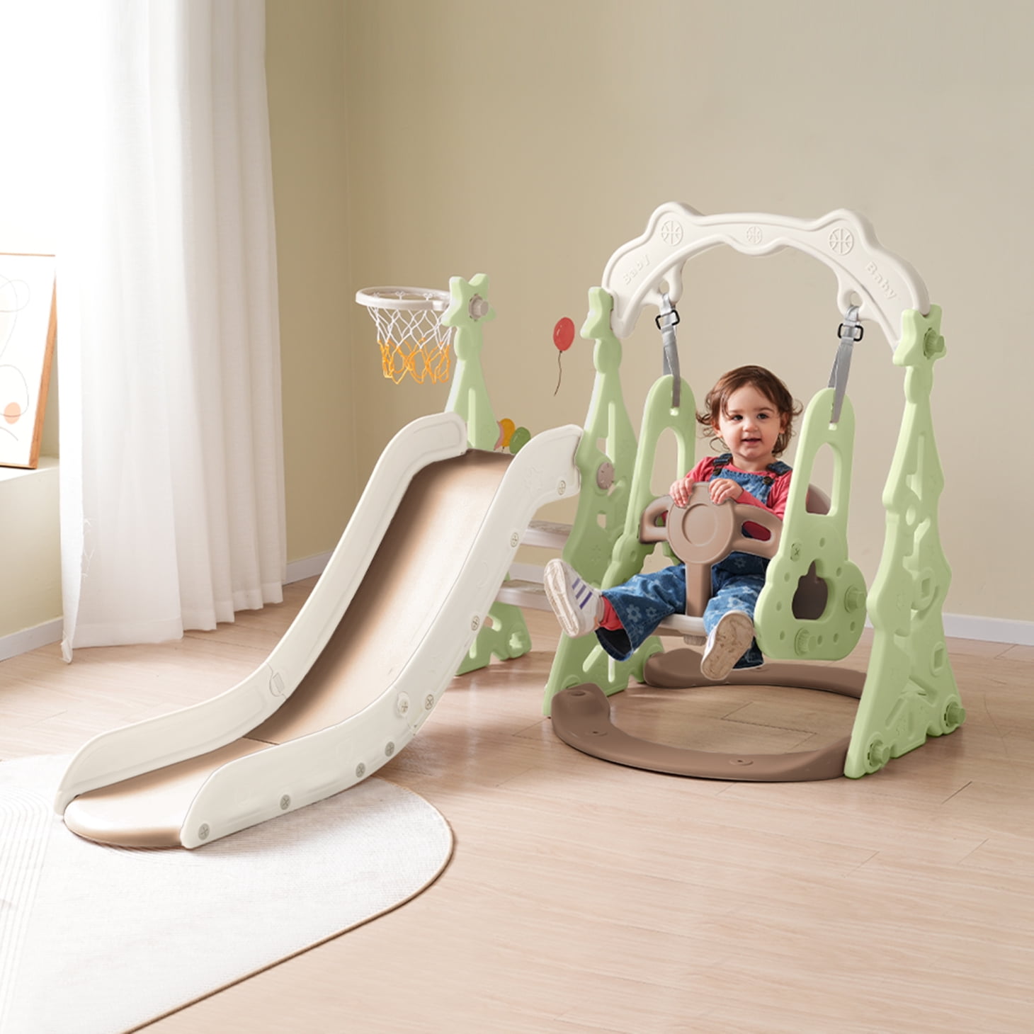 3 in 1 Kids Slide and Swing Set for Toddlers Age 18, Indoor Outdoor