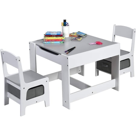 3 in 1 Kids Table and Chair Set, Wooden Activity Table Detachable Tabletop for Drawing Art Craft Reading, Playroom Nursery Kids Furniture Toddler Table Chair Set with Storage Drawers, Gray