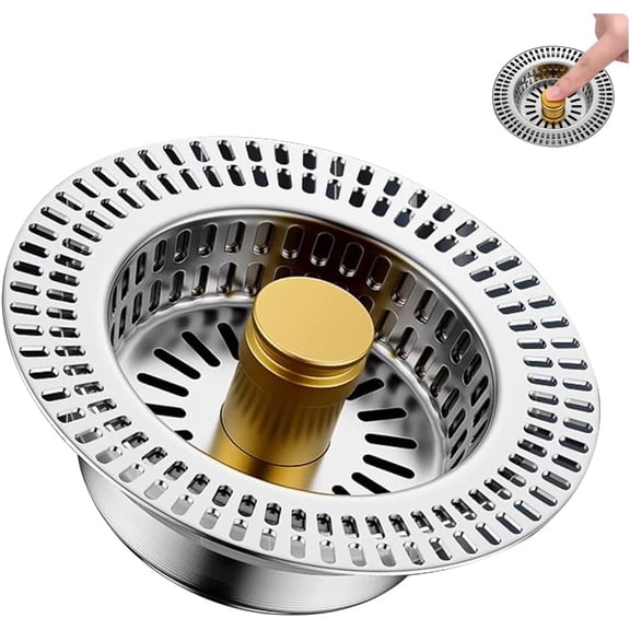3 in 1 Kitchen Sink Drain Strainer, Stainless Steel Sink Drain Strainer, Anti-Clogging Sink Stopper with Food Catcher Basket, Brass Core for US Standard 3 1/2 inch Kitchen Drain