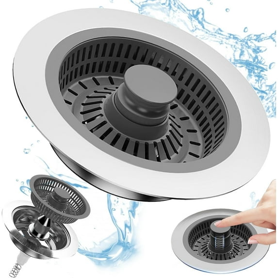 3 in 1 Kitchen Sink Plug and Strainer Combo, Kitchen Sink Strainer Stopper Pop-Up Sink Plug Replacement, Stainless Steel Anti-Clogging Sink Strainer Plug for 2.8-3.15inch Sink Drain