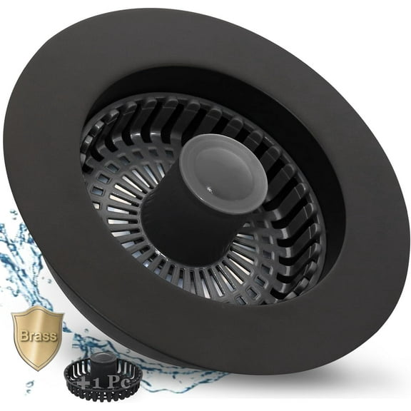 3 in 1 Kitchen Sink Stopper, Pop Up Kitchen Sink Drain Strainer, with an Extra Basket Strainer, Kitchen Sink Drain Stopper for US Standard 3-1/2 Inch, Brass Material Electroplate Black