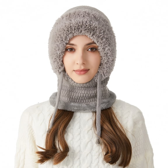 3 In 1 Knitting Hat With Scarf And Mask Soft Knit Hat for Women, Warm Winter Face Mask Set Fleece-Lined Winter Ear Muff Beanie for Cold Weather Daily Wear Gray