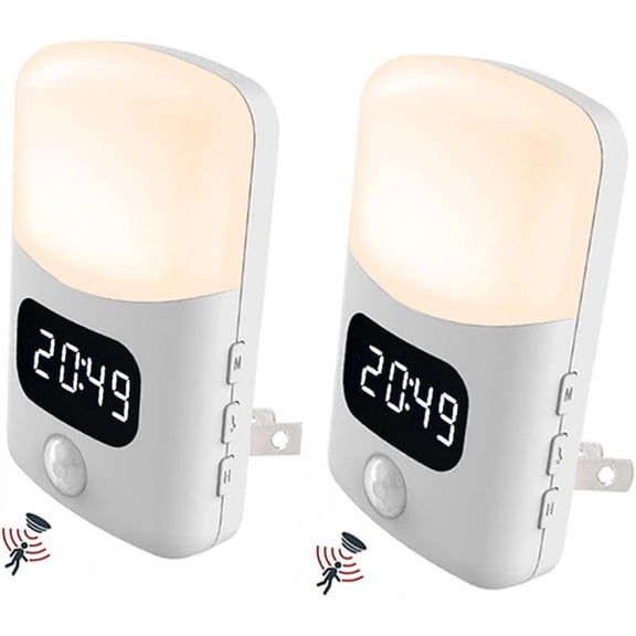 3 in 1 LED Night Light with Digital Bathroom Clock 2 pack,Motion Actived,Alarm,Plug Into Wall,4000K Warm White for Bedroom,Hallway,Toliet,Stairs,Kitchen
