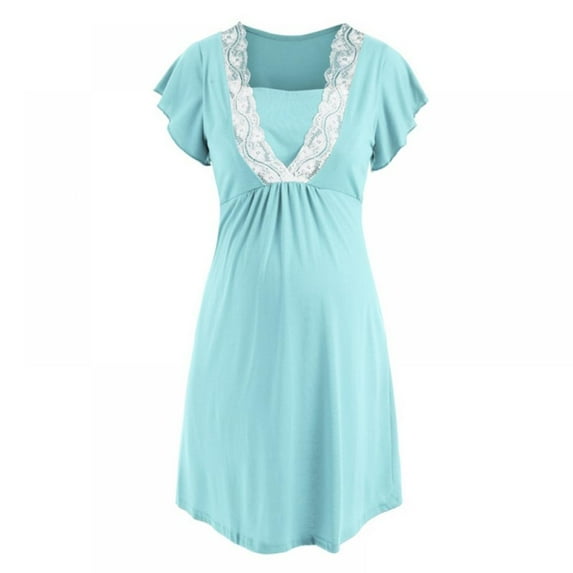 Xmarks Women's Nursing Nightgown Lace Trim Maternity Dress V-neck Short Sleeve Nightdress Breastfeeding Sleepwear S-2XL