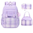 thumbnail image 1 of 3 in 1 Large capacity backpack Set With Lunch Pack Pencil Case, Fresh Pastel Plaid Girls Backpack 3 Piece Kit, Wear-resistant Nylon Bookbag for Back To School(Purple), 1 of 3