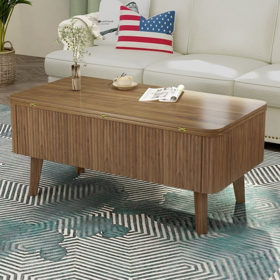 3 in 1 Lift Top Coffee Table, Fluted Convertible Coffee Tables Converts to Dining Tables, Modern Oval Wooden Center Table with Storage for Living Room Office Small Space (Walnut)