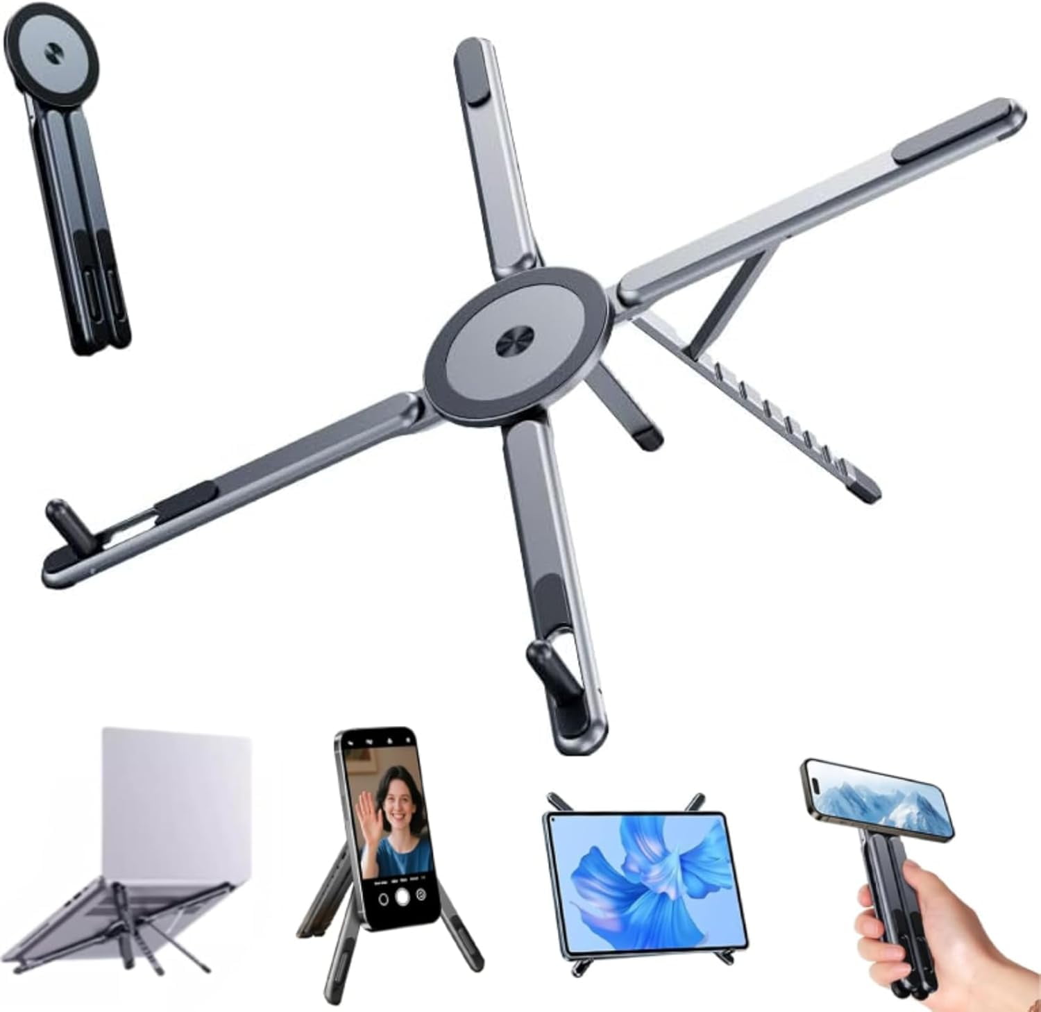 3 in 1 Magnetic Foldable Versatile Stand for Phone Tablet and Laptop, Aluminum Alloy Ergonomic 8-Level Adjustable Height Laptop Stand for Desk, Portable Holder for Home Office and Travel
