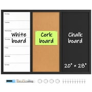 3 In 1 Magnetic Whiteboard Corkboard Chalkboard Combo Wall Board Combination Board Cork/Whiteboard/Chalkboard Combo Bulletin Dry Erase Calendar Whiteboard Weekly Message Organizer 20"x28", Black