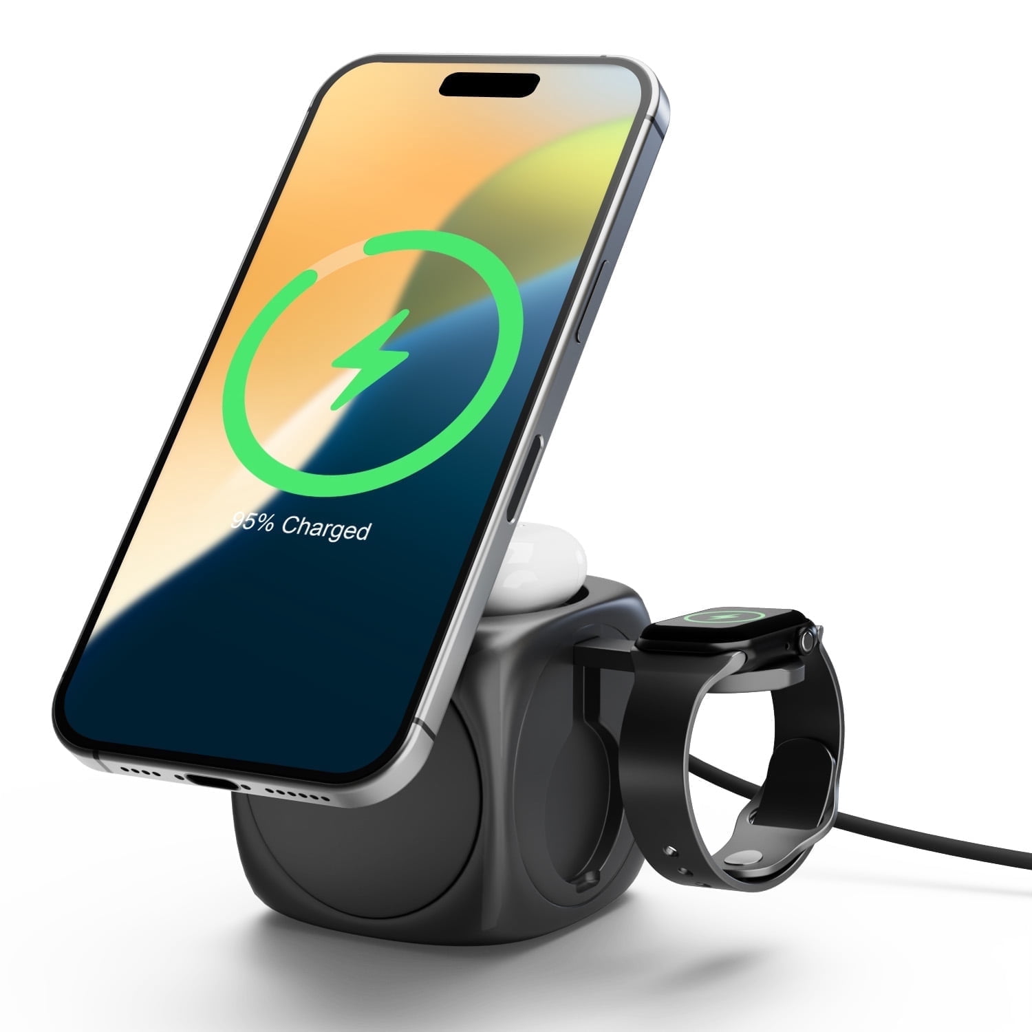 3 in 1 Magnetic Wireless Charger, Compatible with iPhone 16 15 14 13 12 11 8 X XR SE , for Apple Watch Series, for AirPods Pro 4 3 2 1, Portable Stretch Shrink Fold Design for Travel Office(Black)
