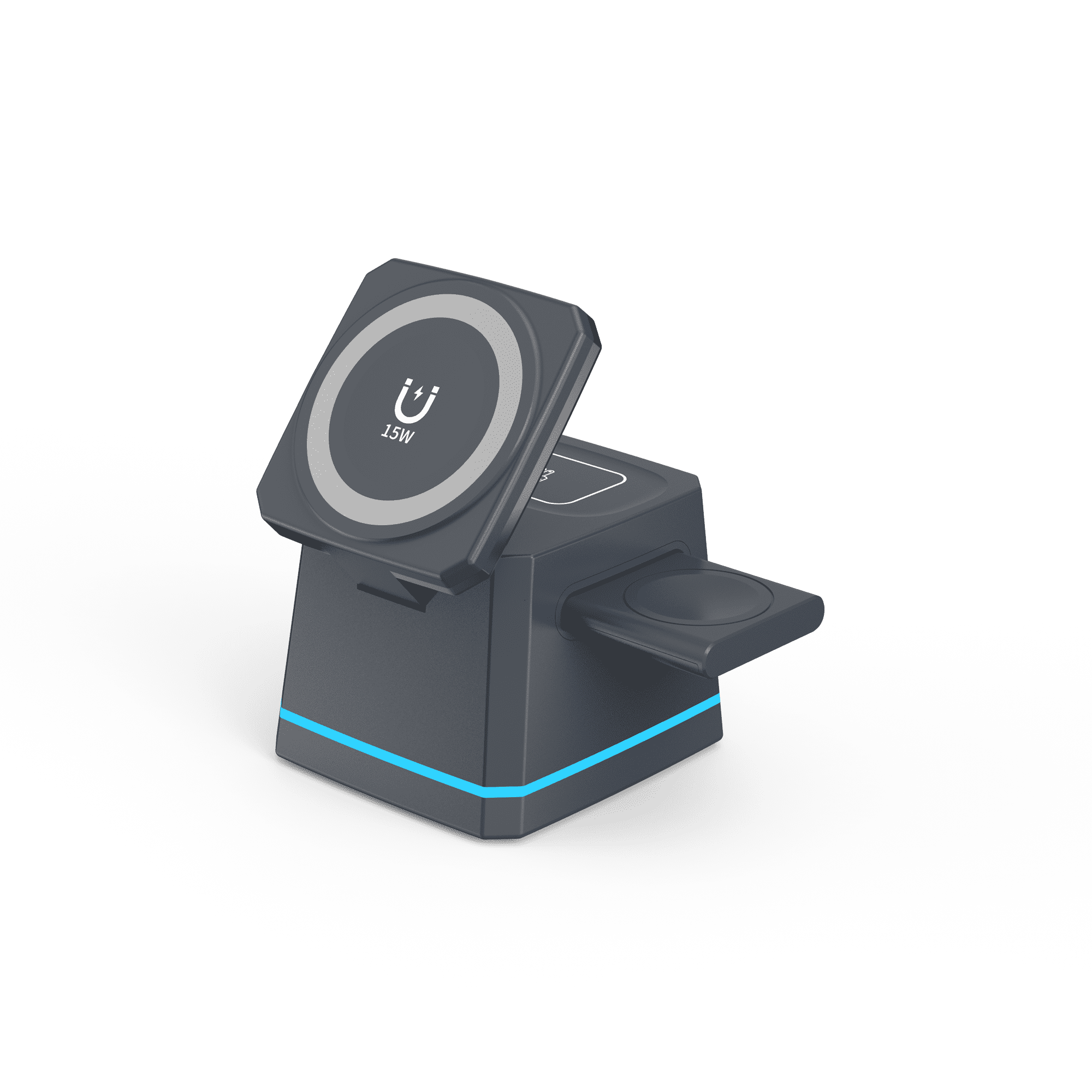 3 in 1 Magnetic Wireless Charging Cube, 15W Fast Charging Station for iPhone 17/16/15, Apple Watch, AirPods, Foldable Travel Charger with LED Light, Black
