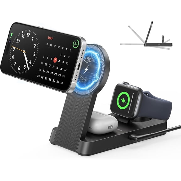 3 in 1 Magnetic Wireless for iPhone Charging Station: Foldable Portable Charger for iPhone 17-12 Pro Max & Watch & AirPods, for Multiple Devices Charger for Home,Office&Travel