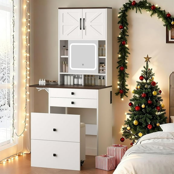 3 in 1 Make Up Vanity Desk, Compact Vanity with 3 Drawers, Corner Vanity Desk with Flip-up 3 Colors Lighting Mirror and Top Storage Cabinets, White Vanities Nightstand Perfect for Bedroom
