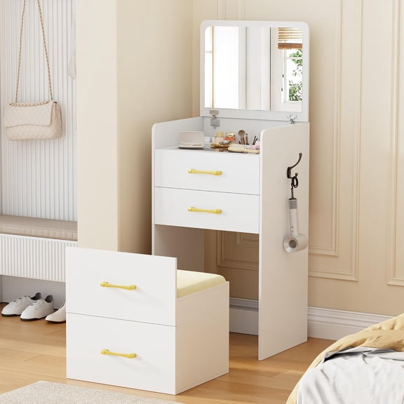 3 in 1 Make Vanity Desk with Flip Top Mirror,Glass Top Makeup Vanity Table with Cushioned Stool,Small Dressing Table with 3 Drawers,Compact Vanity Set for Apartment,Dormitory(White)