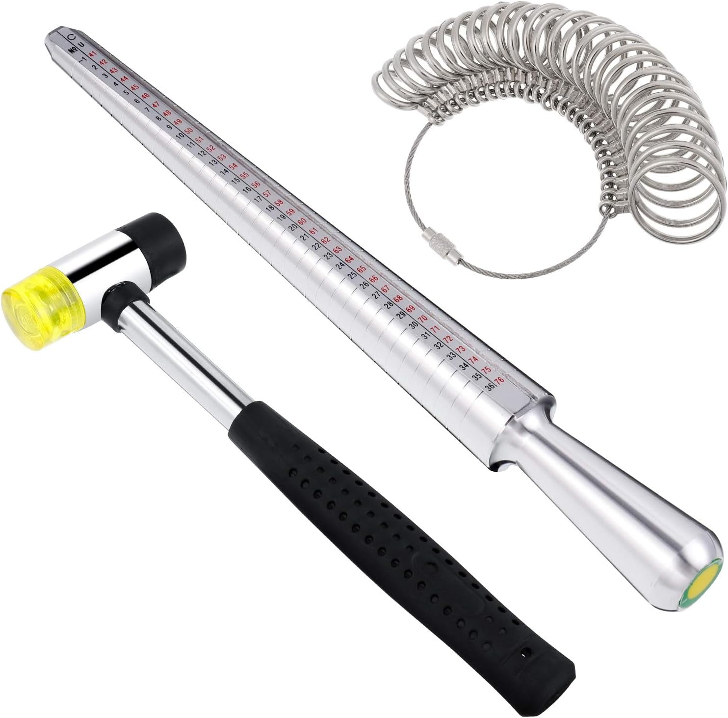 MENKEY 3 in 1 Metal Ring Mandrel Ring Sizer Ring Gauge Set with Jewelers Rubber Hammer Mallet Finger Sizing Tools Rings Size Measurements UK Sizes A-Z Steel Jewellery Making Repair Tool