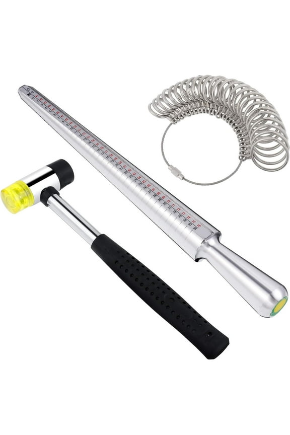 3 in 1 Metal Ring Mandrel Ring Sizer Ring Gauge Set with Jewelers Rubber Hammer Mallet Finger Sizing Tools Rings Size Measurements UK Sizes A-Z Steel Jewellery Making Repair Tool