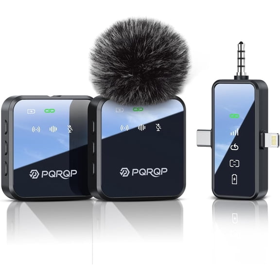 PQRQP Wireless Microphone for iPhone Android 3 in 1 Lavalier Mic with Noise Cancelling, 328ft Range for Interview Vlog