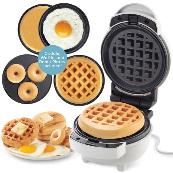 3 in 1 Mini Breakfast Maker- Make Mini Donuts Pancakes or Eggs all in 1 Multi Use Appliance- Easily Swap & Clean Interchangeable Griddle Plates- Small Electric Nonstick Baker with Recipe Guide Y101