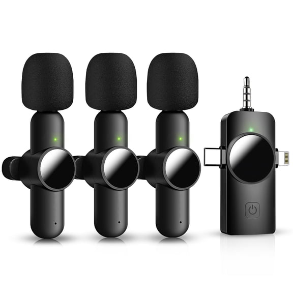 3 in 1 Mini Microphone,Wireless Lavalier Microphones for iPhone Android Camera USB-C,2.4G Ultra-Low Delay,Noise Reduction,Microphone Video Recording, Live Streaming (Black, 3microphone) (3) (3)