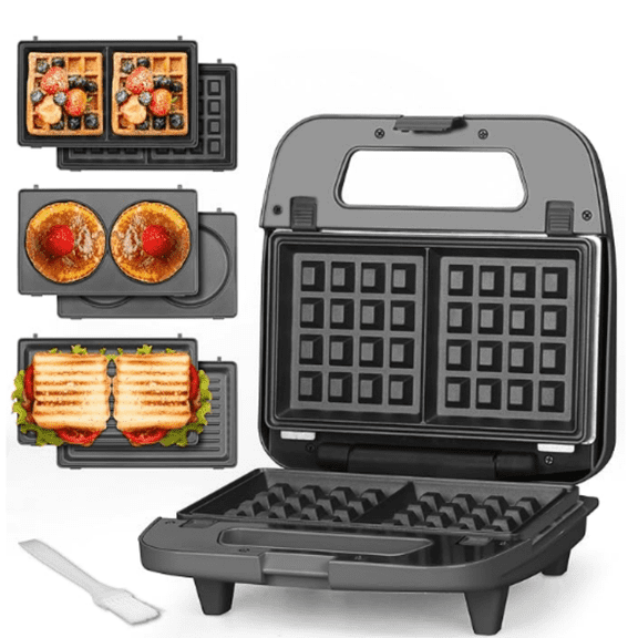 3 in 1 Mini Waffle Maker with Removable Plates, Dual Waffle & Pancake and Grill Plates, Breakfast Sandwich Maker Press, Dishwasher , Non-stick Coating, Graphite