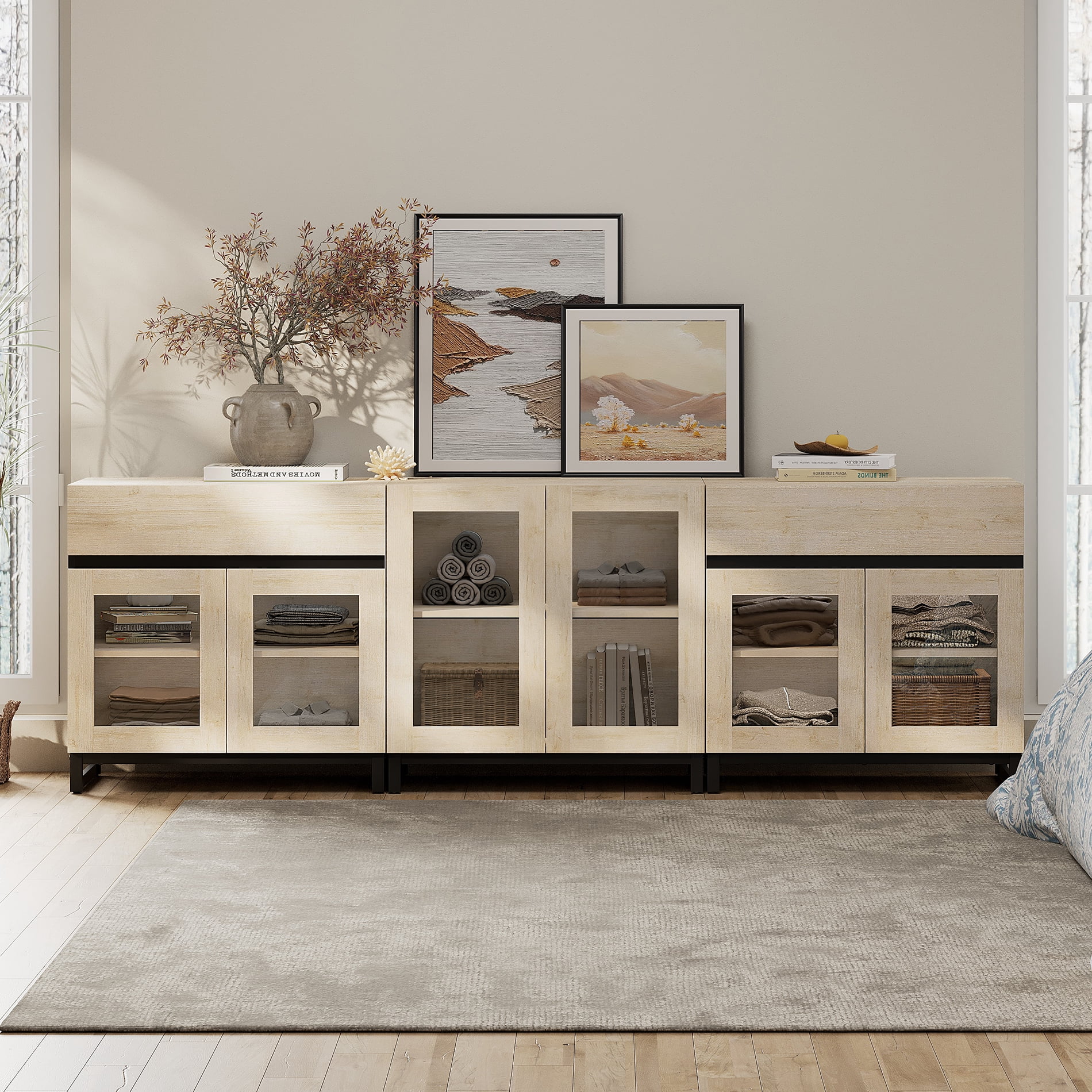 3 In 1 Modern Dresser with Glass Doors, 2 Drawers and Adjustable Shelves, Metal Base Storage Chest, Multifunctional Closet Organizer Cabinet for Bedroom,Beige