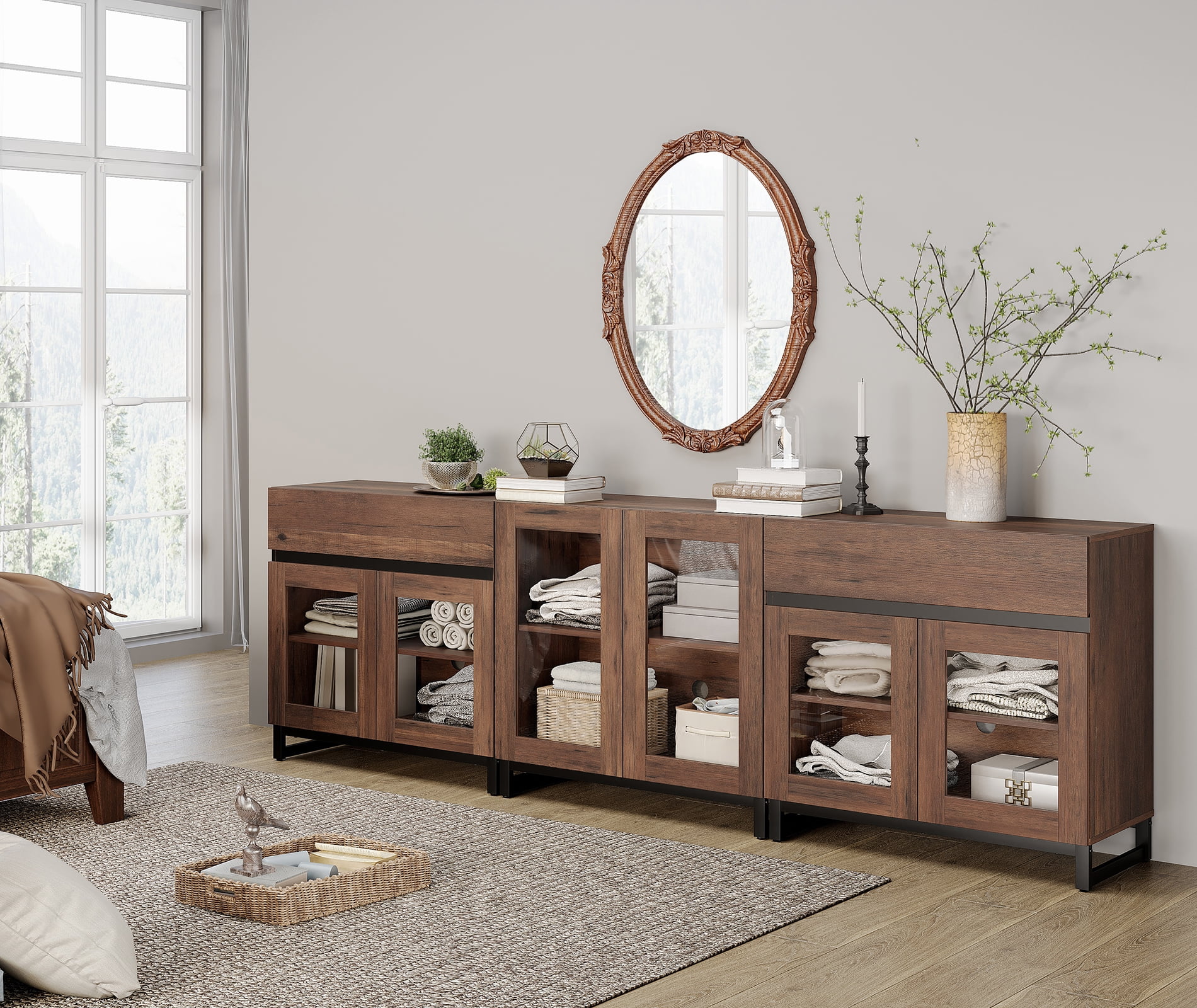 3 In 1 Modern Dresser with Glass Doors, 2 Drawers and Adjustable Shelves, Metal Base Storage Chest, Multifunctional Closet Organizer Cabinet for Bedroom,Brown