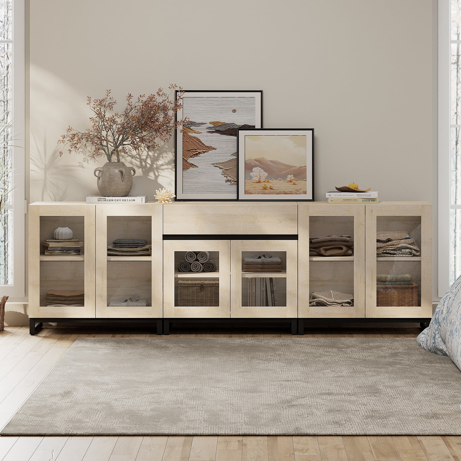 3 In 1 Modern Dresser with Glass Doors, Adjustable Shelves and Drawer, Metal Base Storage Cabinet, Multifunctional Chest Of Drawers for Bedroom Home Storage,Beige