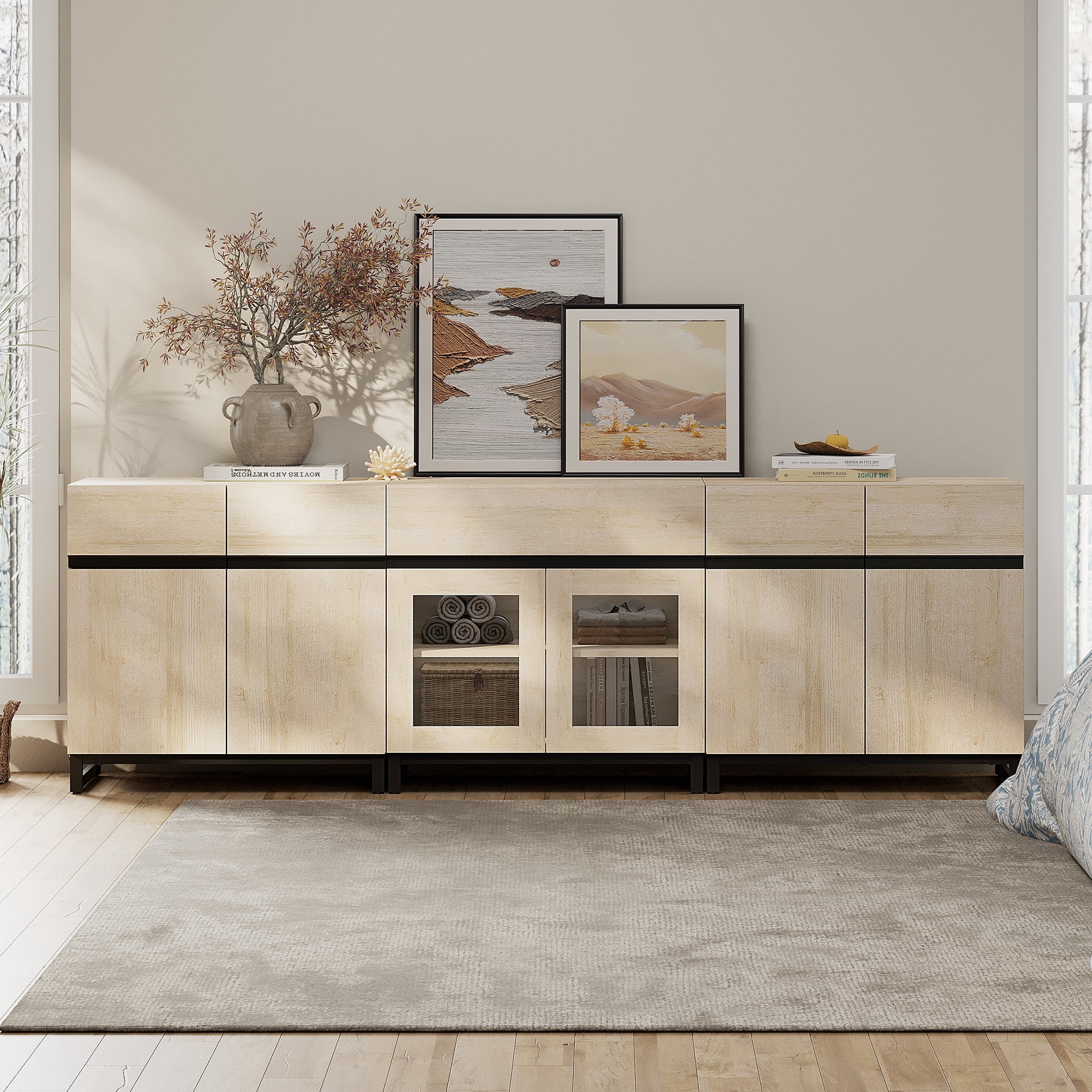 3 In 1 Modern Dresser with Glass Doors, Adjustable Shelves and Drawer, Metal Base Storage Cabinet, Multifunctional Chest Of Drawers for Bedroom Home Storage,Beige