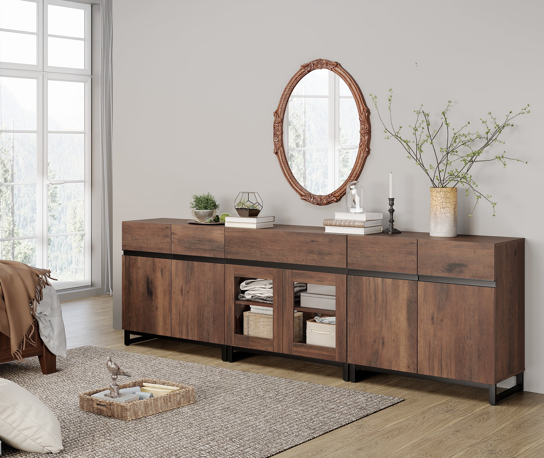 3 In 1 Modern Dresser with Glass Doors, Adjustable Shelves and Drawer, Metal Base Storage Cabinet, Multifunctional Chest Of Drawers for Bedroom Home Storage,Brown