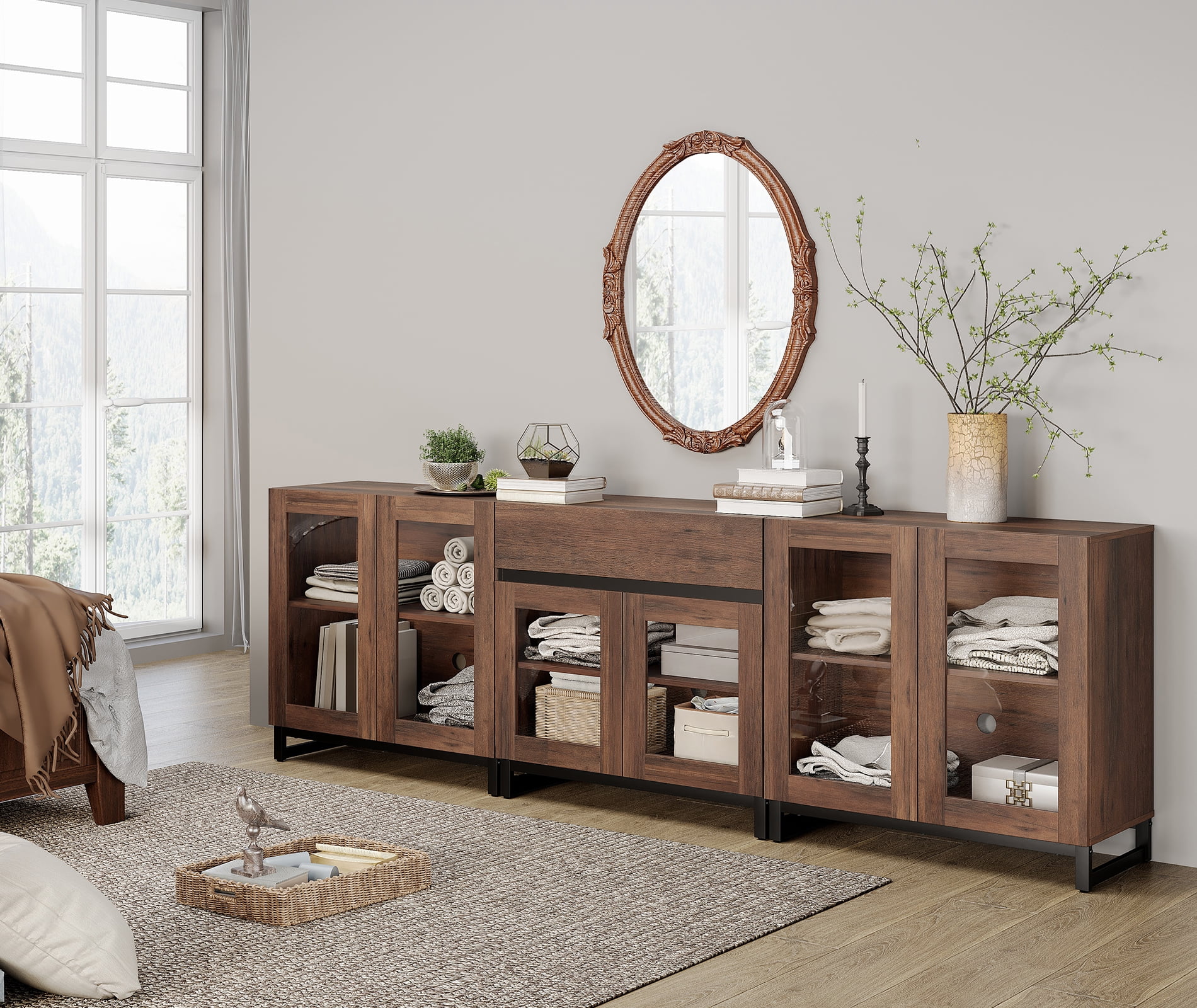 3 In 1 Modern Dresser with Glass Doors, Adjustable Shelves and Drawer, Metal Base Storage Cabinet, Multifunctional Chest Of Drawers for Bedroom Home Storage,Brown