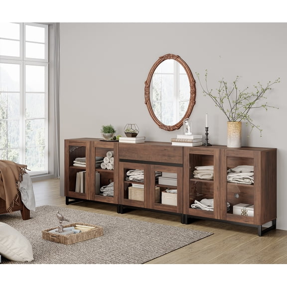 3 In 1 Modern Dresser with Glass Doors, Adjustable Shelves and Drawer, Metal Base Storage Cabinet, Multifunctional Chest Of Drawers for Bedroom Home Storage,Brown