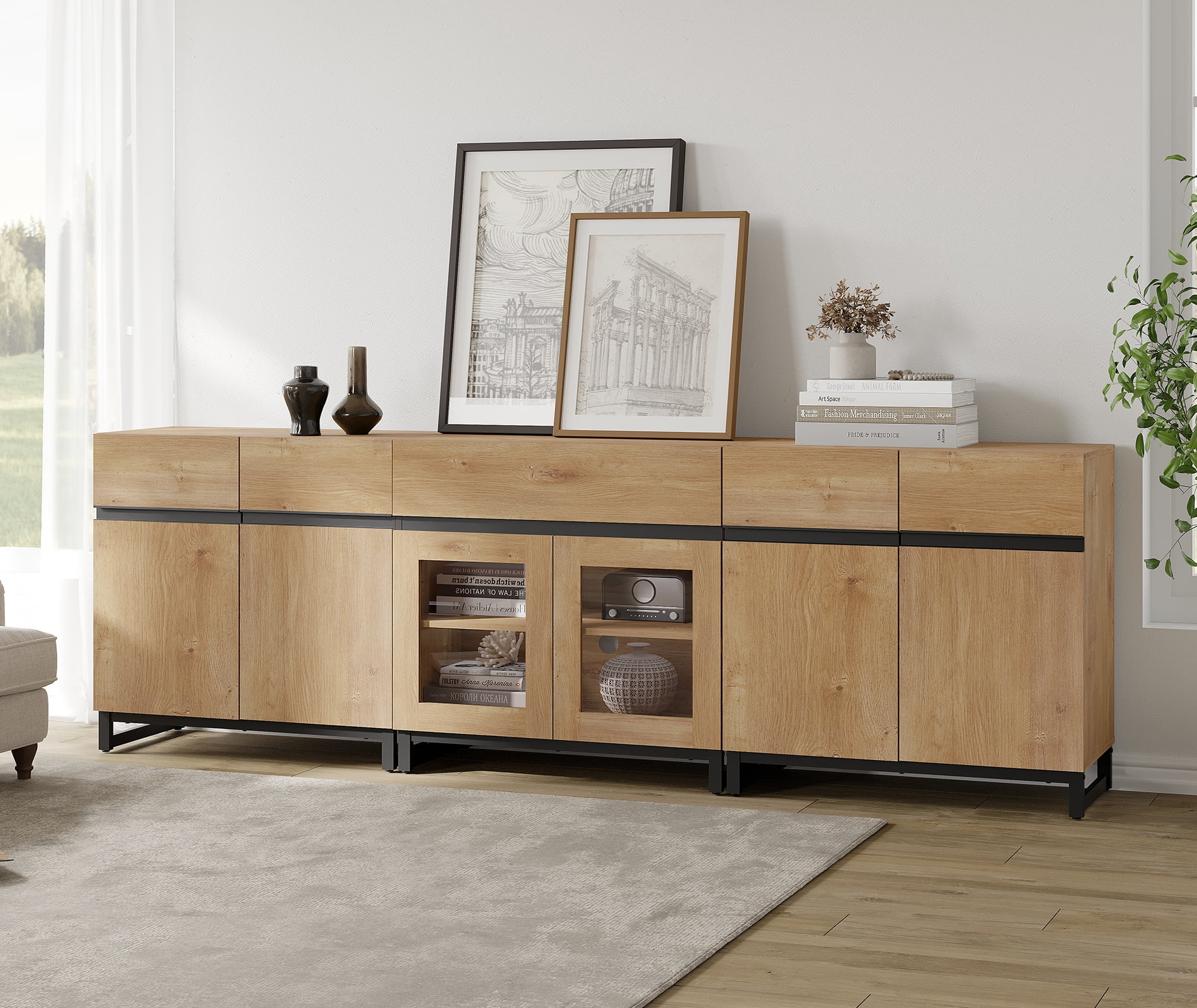 3 In 1 Modern Dresser with Glass Doors, Adjustable Shelves and Drawer, Metal Base Storage Cabinet, Multifunctional Chest Of Drawers for Bedroom Home Storage,Oak