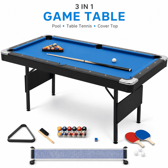 3 in 1 Multi Game Table, 63.8" Pool Table Billiard Table & Table Tennis Game Table, Foldable Indoor Game Table with Accessories for Kids Adults Family Game Room