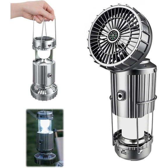 3 in 1 Multi-Use Camping Fan Light, 2026 New Solar Camping Lantern with Fan, Rechargeable LED Flashlight for Camping, Home Emergency Light Power, Beach, Hurricane, Camping Essentials (1, Silver)