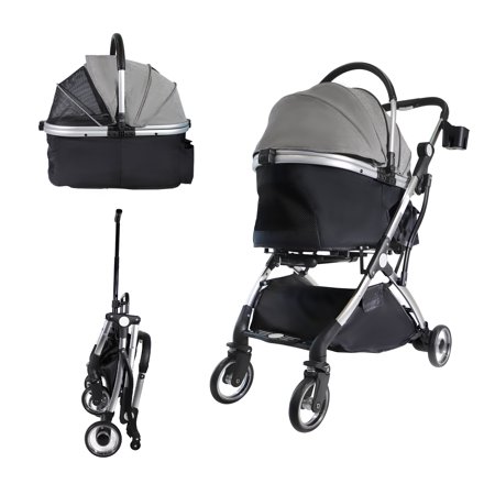 3 in 1 Multifunction Pet Stroller for Small Dogs Cats, No-Zip Dog Stroller with Detachable Carrier,4 Wheels Travel Foldable Aluminum Alloy Frame up to 33 lbs,Gray&Black
