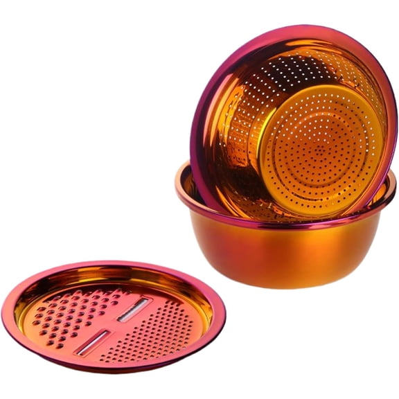 3 in 1 Multifunctional Colander Set: Stainless Steel Basin with Grater, Vegetable Slicer Fruit Potato Peeler Carrot Julienne Cutter Strainer, Rice Washer Bowl, Food Strainer with Grater (Rose Red)