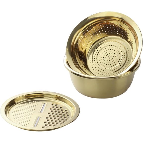 3 in 1 Multifunctional Colander Set: Stainless Steel Basin with Grater, Vegetable Slicer Fruit Potato Peeler Carrot Julienne Cutter Strainer, Rice Washer Bowl, Food Strainer with Grater (Yellow)