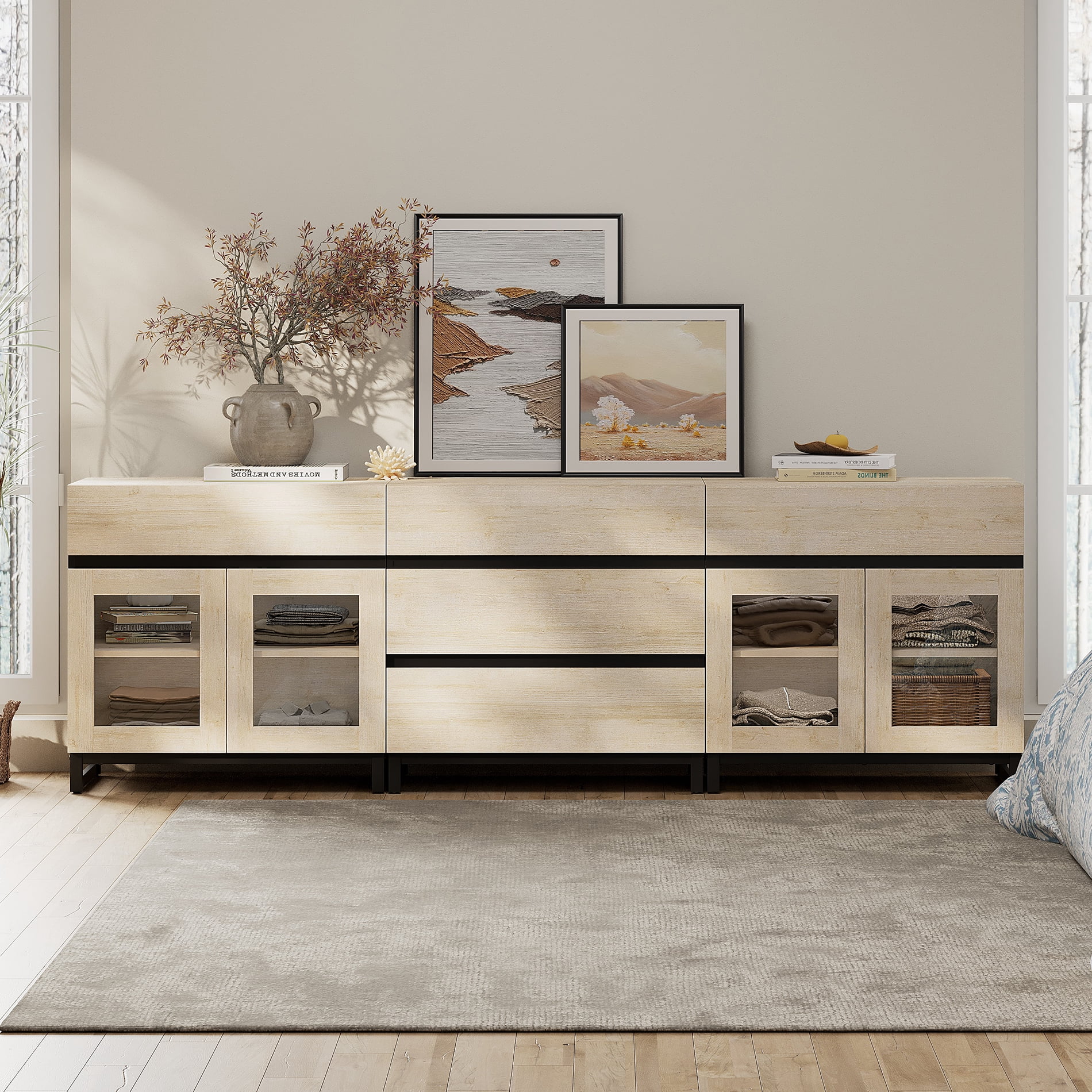 3 In 1 Multifunctional Dresser with Glass Doors & 5 Drawers, Modern Chest of Drawers with Adjustable Shelf and Metal Base, Household Storage Cabinet for Bedroom,Beige